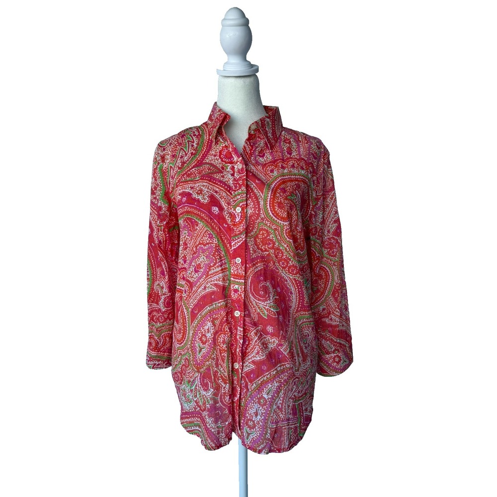 Lauren Ralph Lauren Button Up Blouse Women M Paisley Cotton Orange Pink Coastal